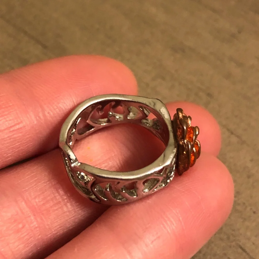 Vintage Silver Tone and Red-Orange Rose Ring